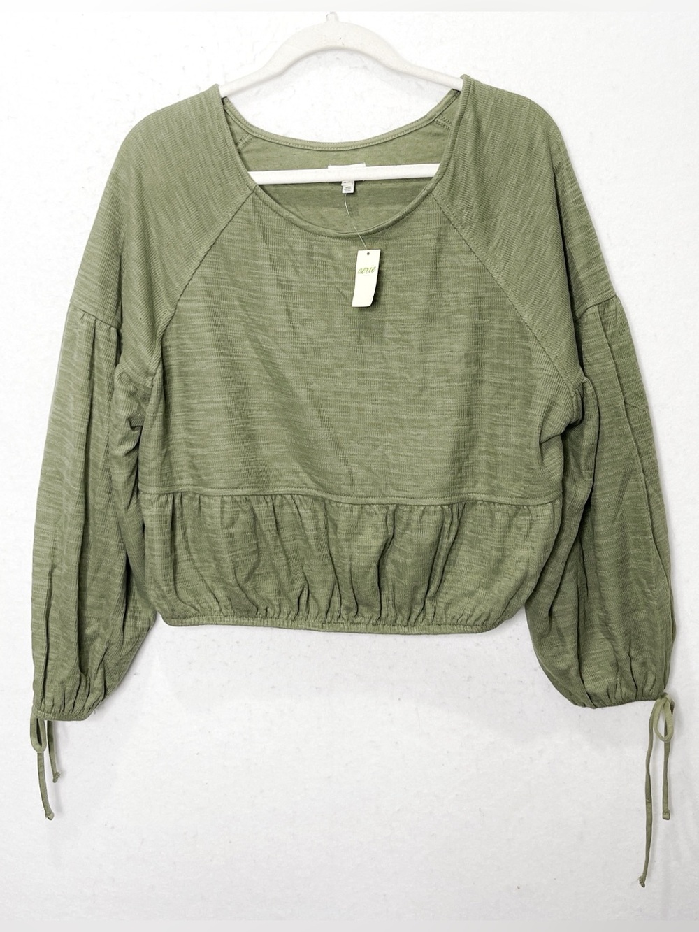 aerie Endless Summer Sage Peplum Cropped Sweatshirt Lantern Sleeve Tie Cuff Cozy - Picture 3 of 9